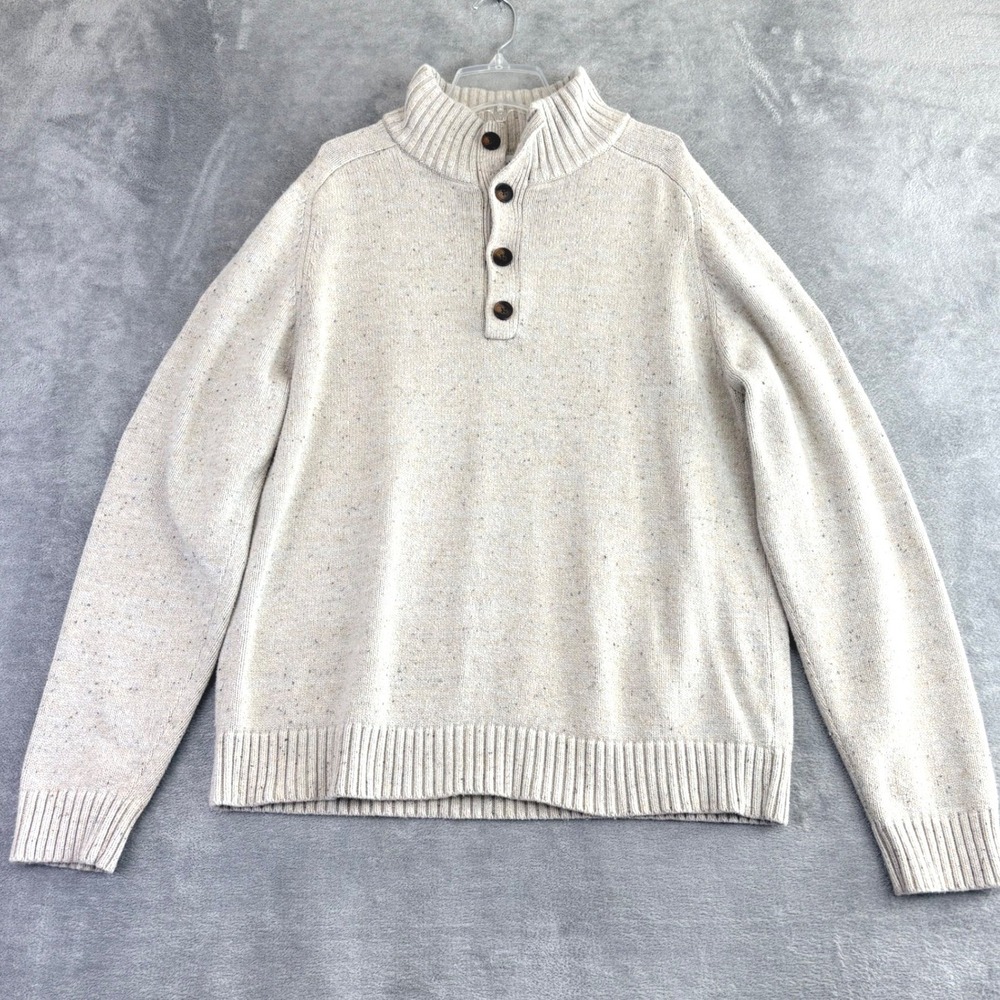 Goodfellow & Co Mens L Beige Speckled Sweater Mock Neck Button Pullover Academia - Picture 1 of 10